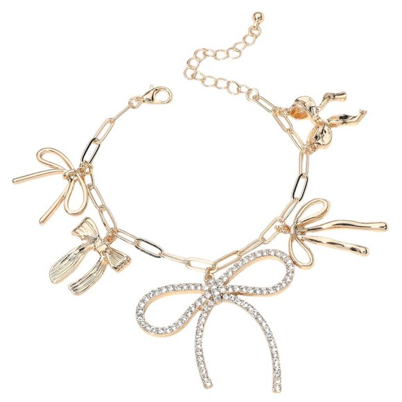 Rhinestone Crystal Bow 18K Gold Plated Charm Paperclip Chain Necklace Bracelet - Picture 5 of 5